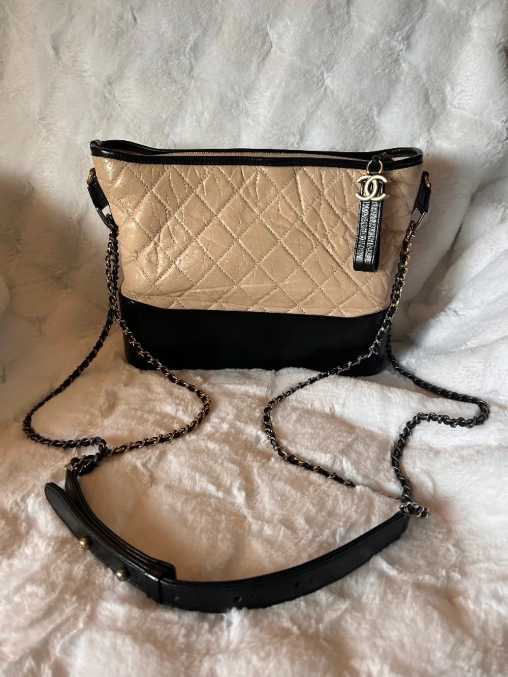 Chanel Gabrielle Quilted Aged Calf Leather, M, Beige and Black
